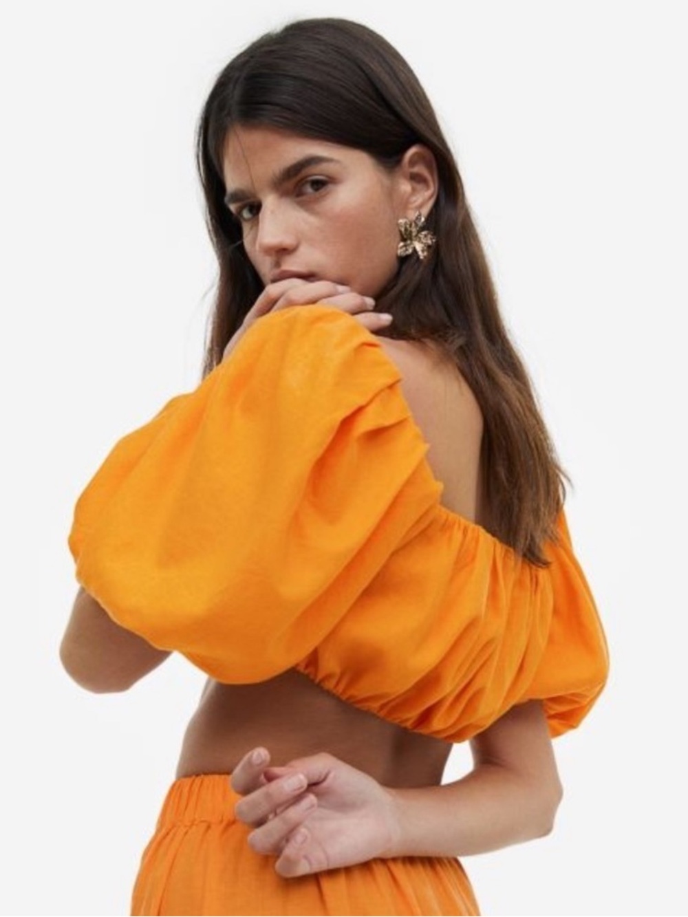 H&M | Linen Blend Puff Sleeve Crop Top Yellow Orange